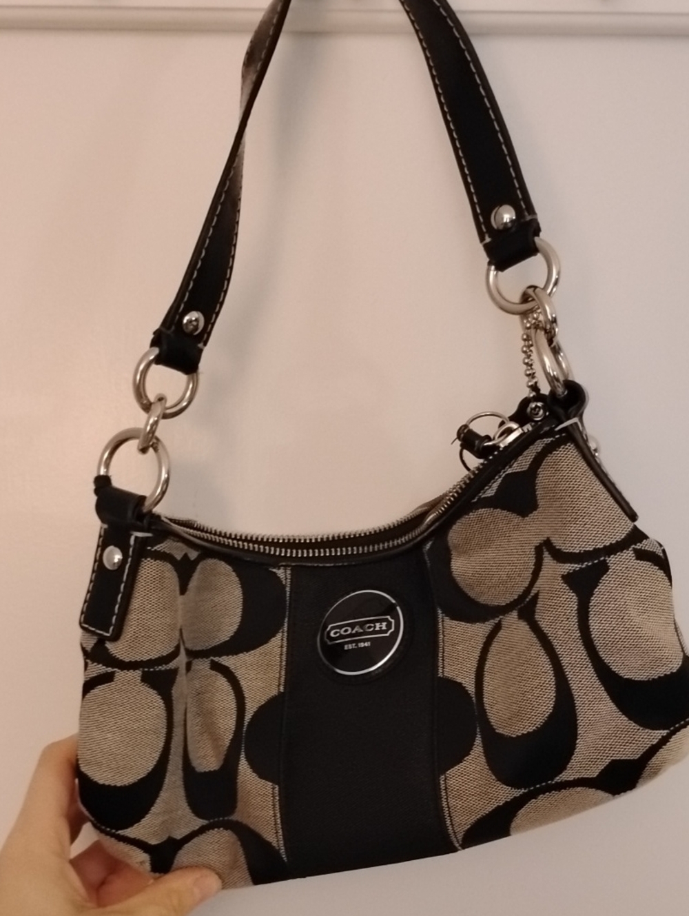 Coach Black and Tan Signature Canvas Shoulder Hobo